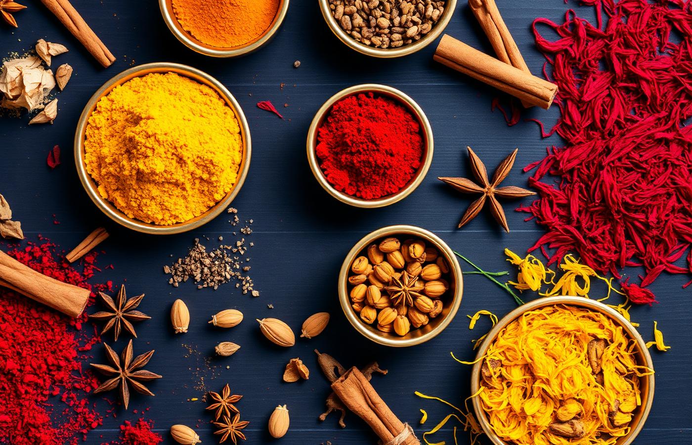 Vibrant Indian spices in brass bowls